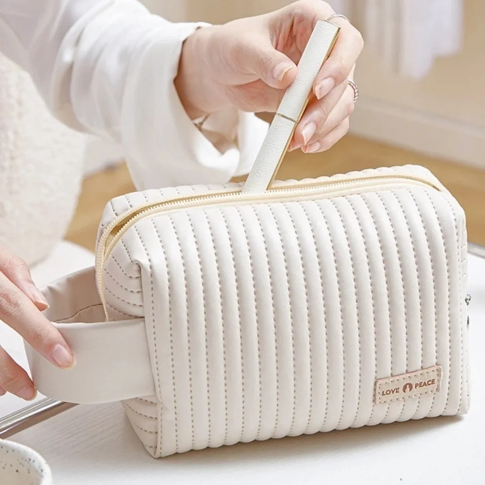 Large beige beauty cosmetics travel bag with strap PU
